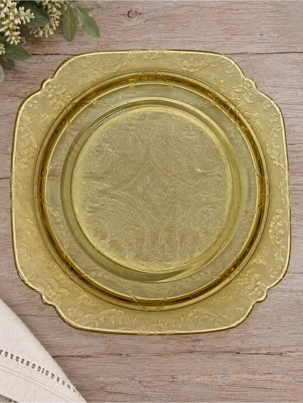Vintage Amber Depression Glass Plates Set of 4 – Square Ornate Floral Scroll 8.5